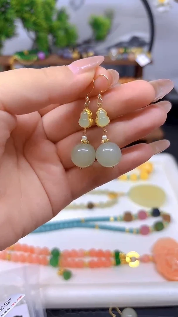 和田玉14K金镶嵌耳饰E714