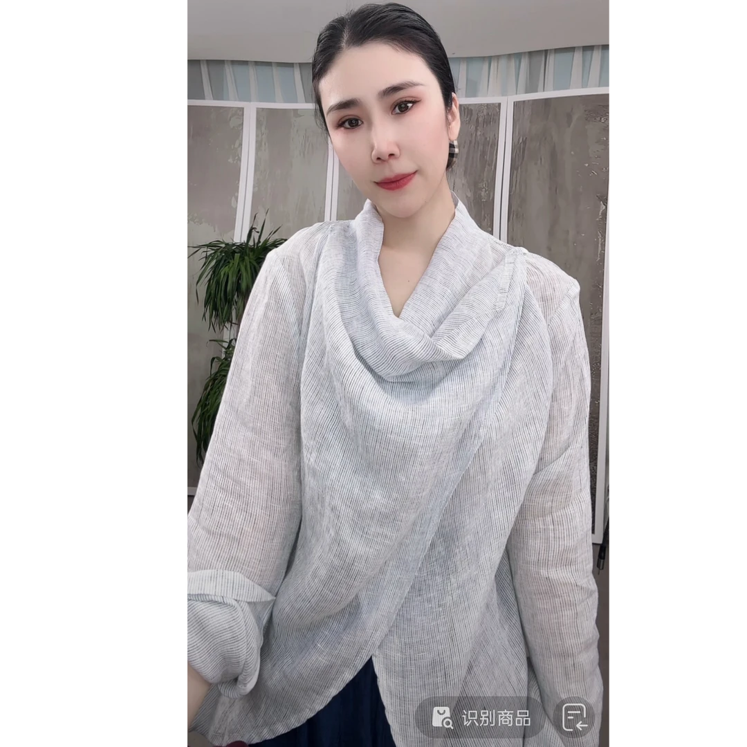 2025休闲百搭砂洗稀疏汉麻高品质不规则系扣衬衫女XHH 387