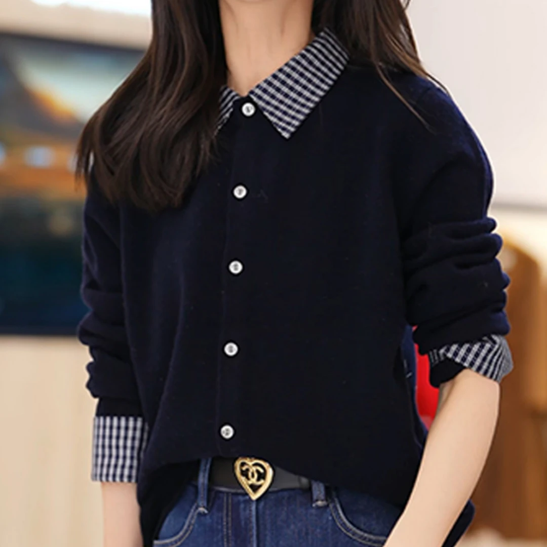 哥弟阿玛施正品女装针织假两件毛针织衫韩版拼接开衫秋装洋气上衣