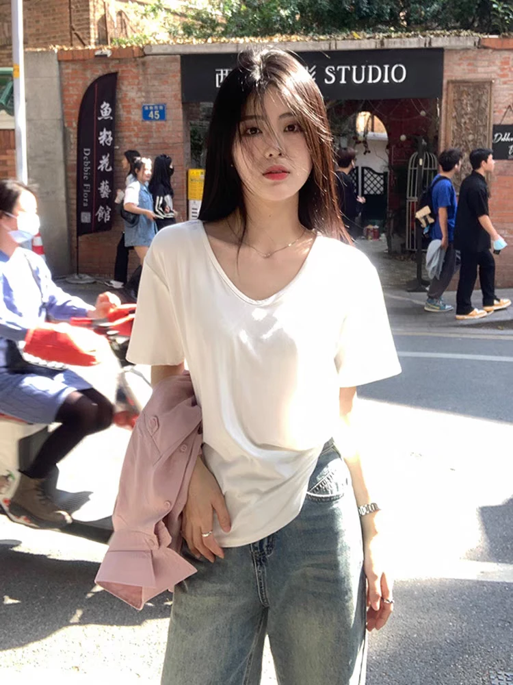 v领正肩短袖t恤女款夏季2025新款宽松纯色打底衫内搭辣妹上衣