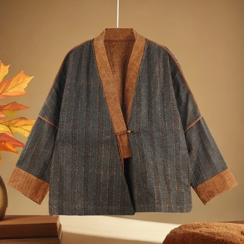 2025新款中国风竖条纹一粒扣设计师茶服长袖外套 24842