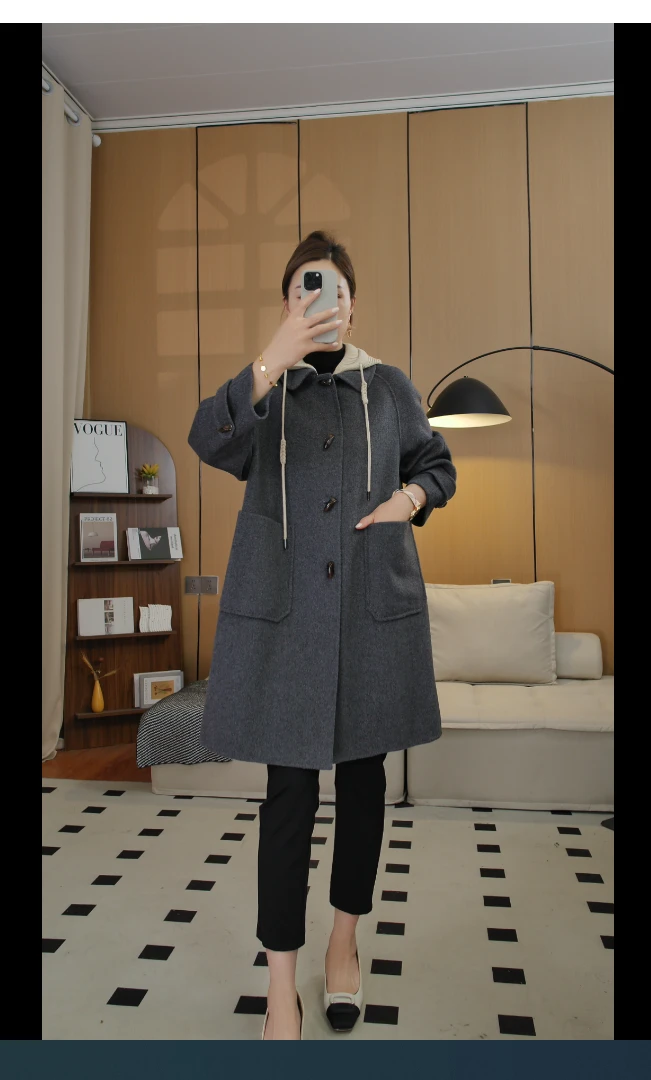 、气质时尚连帽宽松中长款韩版秋冬毛呢外套2880