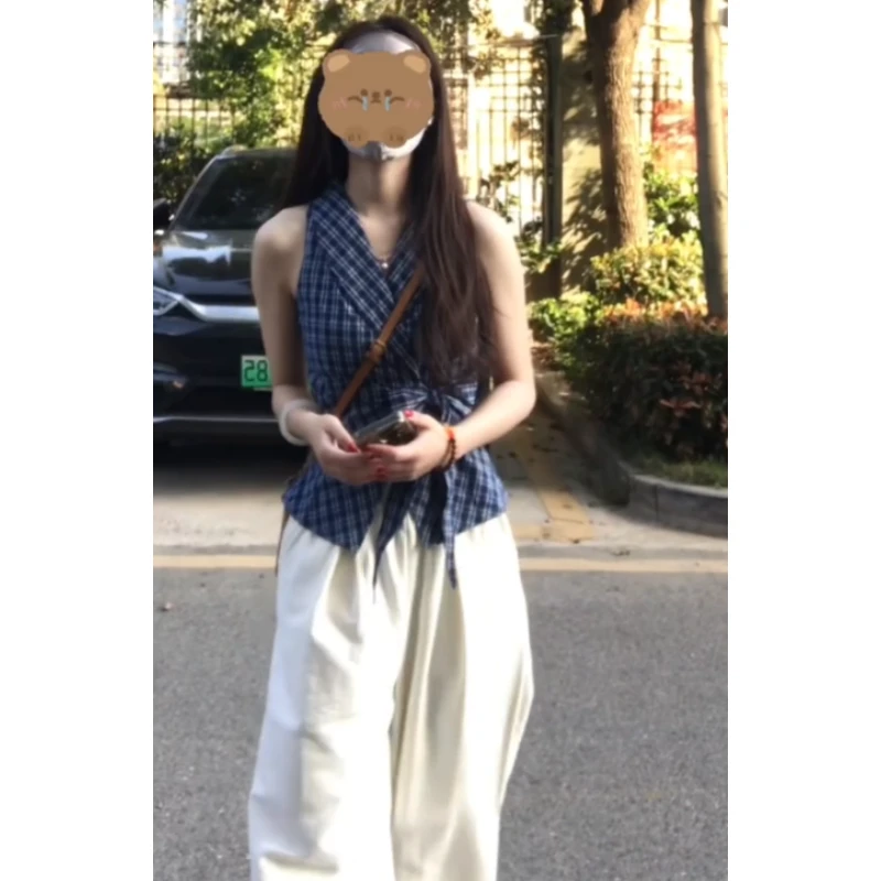 设计感无袖格纹衬衫高腰阔腿裤小个子韩系气质夏装搭配减龄一整套