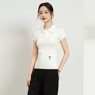 夏新款羊毛刺绣三粒扣弹力修身显瘦翻领短袖针织上衣103