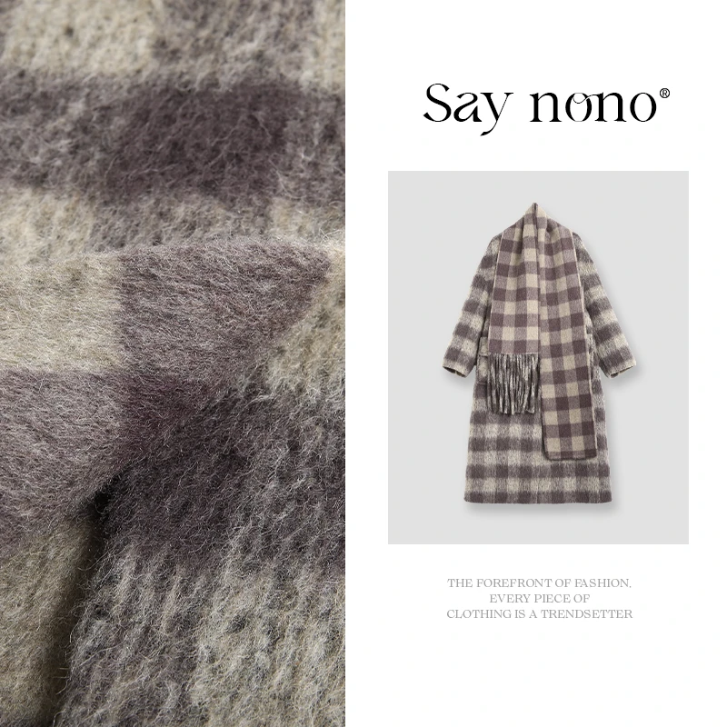 懒猫nono│Saynono 带围巾羊驼毛格纹长款大衣外套/XXM77513