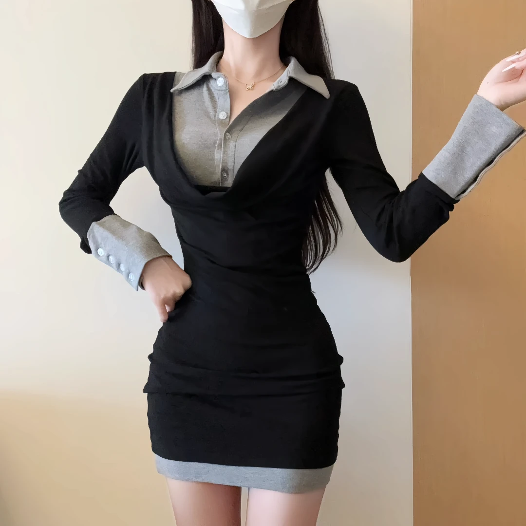 IQCQ轻奢定制纯欲荡领polo假两件长袖连衣裙修身显瘦撞色包臀短裙