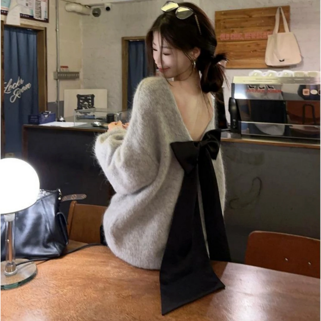 韩系背影杀露背蝴蝶结慵懒风针织上衣女2025春秋宽松显瘦灰色毛衣
