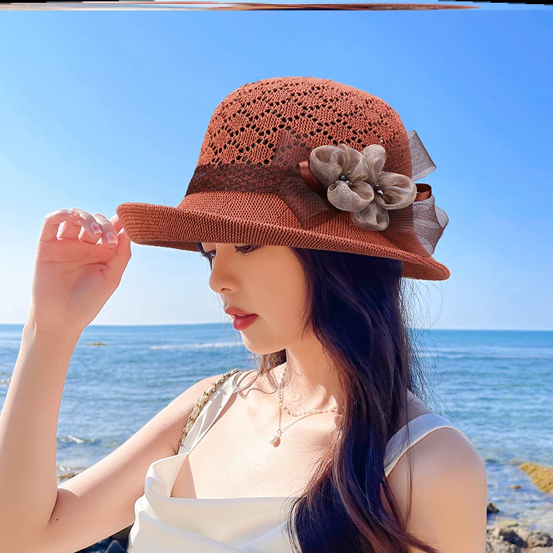 夏季帽子新款帽子女夏薄款花朵针织镂空透气翘檐小盆帽户外休闲时