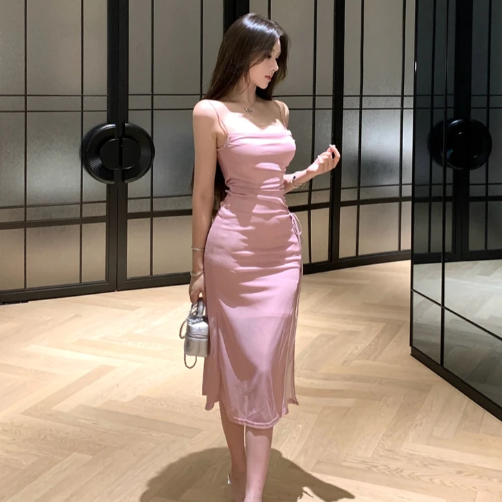 性感纯欲气质名媛粉色露背吊带连衣裙女夏季生日party小礼服长裙