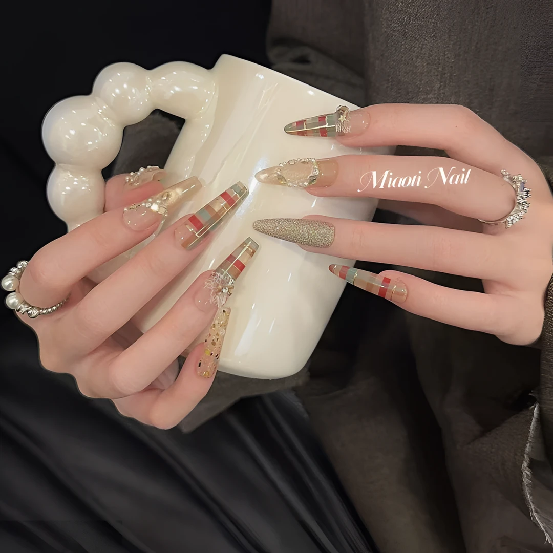 【圣诞派对】【9个甲型定制】猫哥 AB款格纹蝴蝶结拼钻纯手工穿戴甲