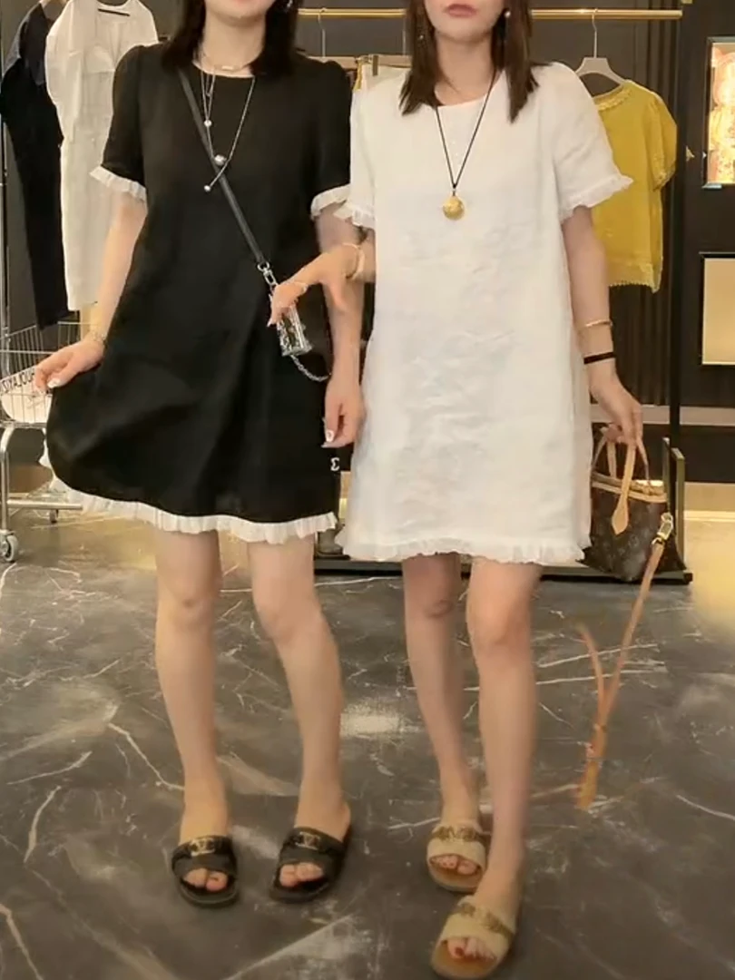 夏季新款时尚设计感透气棉麻连衣裙短袖圆领宽松显瘦洋气减龄女裙