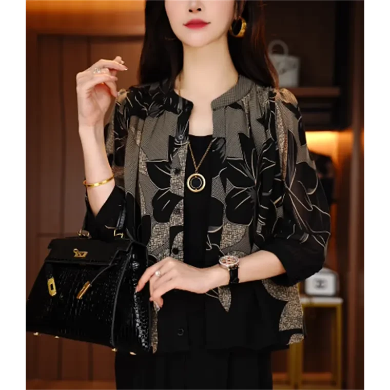 新款洋气宽松显瘦优雅轻奢气质印花百搭小衫V25Z343
