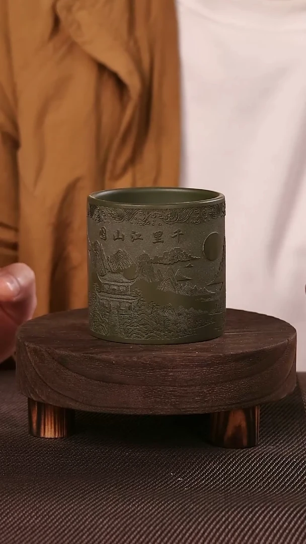茶杯紫砂绿泥千里江山图刻绘主人杯200CC