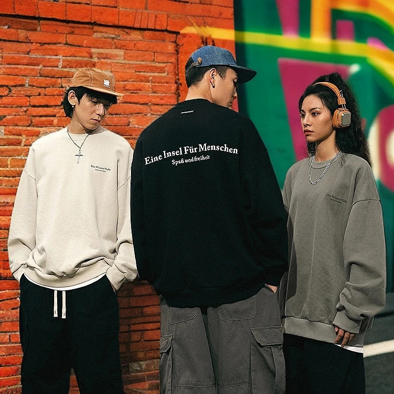 复古美式印花圆领卫衣男春季新款高街潮牌重磅宽松情侣装ins外套