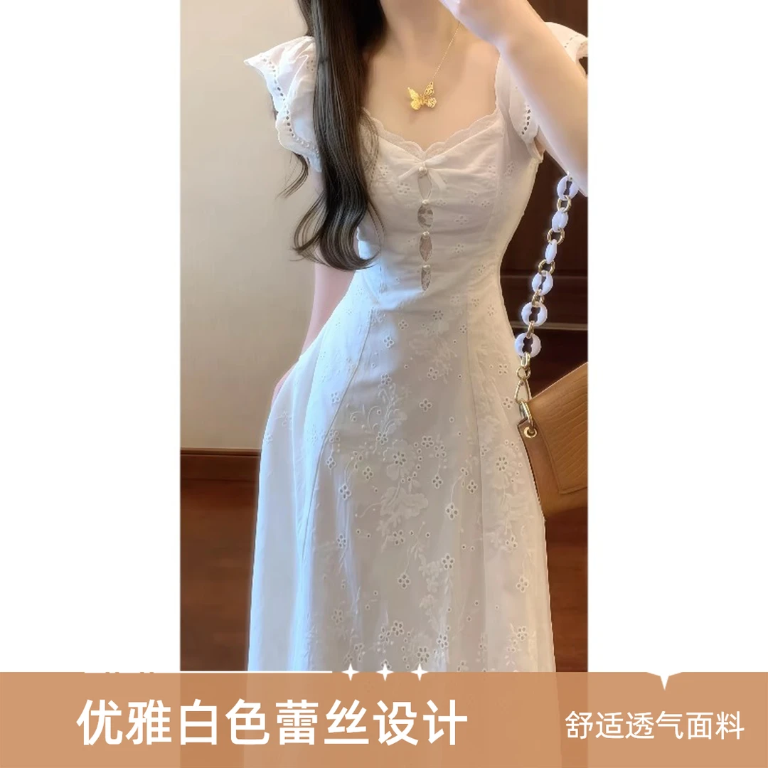 2025年夏季新款温柔风甜美收腰修身仙女裙独特漂亮镂空甜美连衣裙