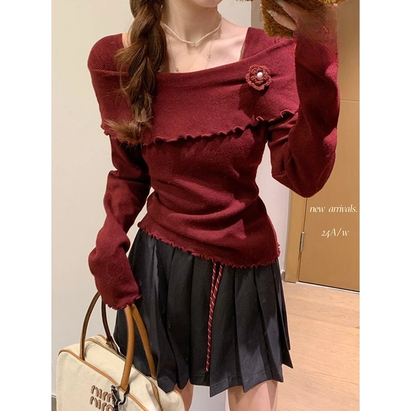 韩系千金装安领红花单肩针织长袖女式春秋季2025新款修身内层上衣