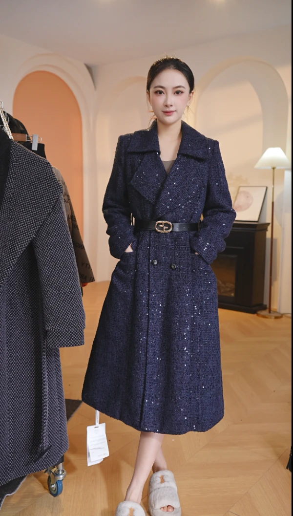 M0028 2024秋爆款气质名媛时尚外套复古毛呢中长款