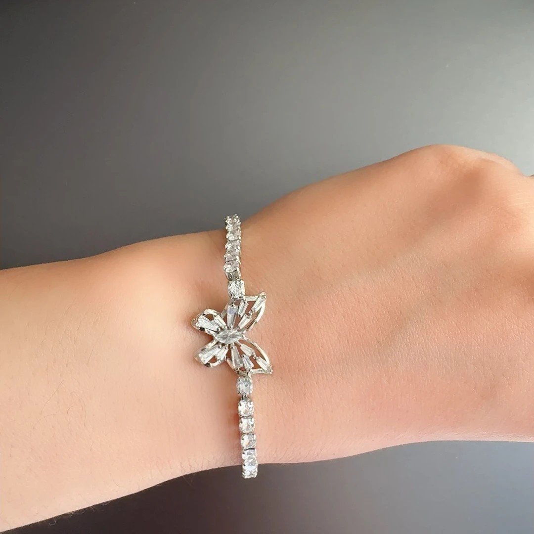 铜合金锆石手链 小众金银两色叶子锆石手链女时尚轻奢高级感