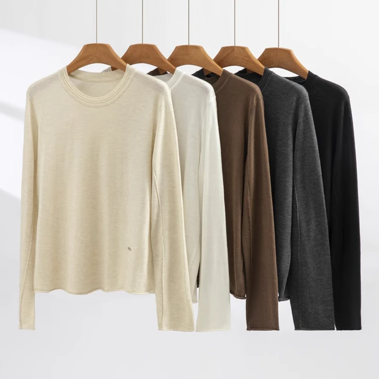 超细精纺扬子纱100纯羊毛衫女圆领套头针织打底衫春秋内搭薄款