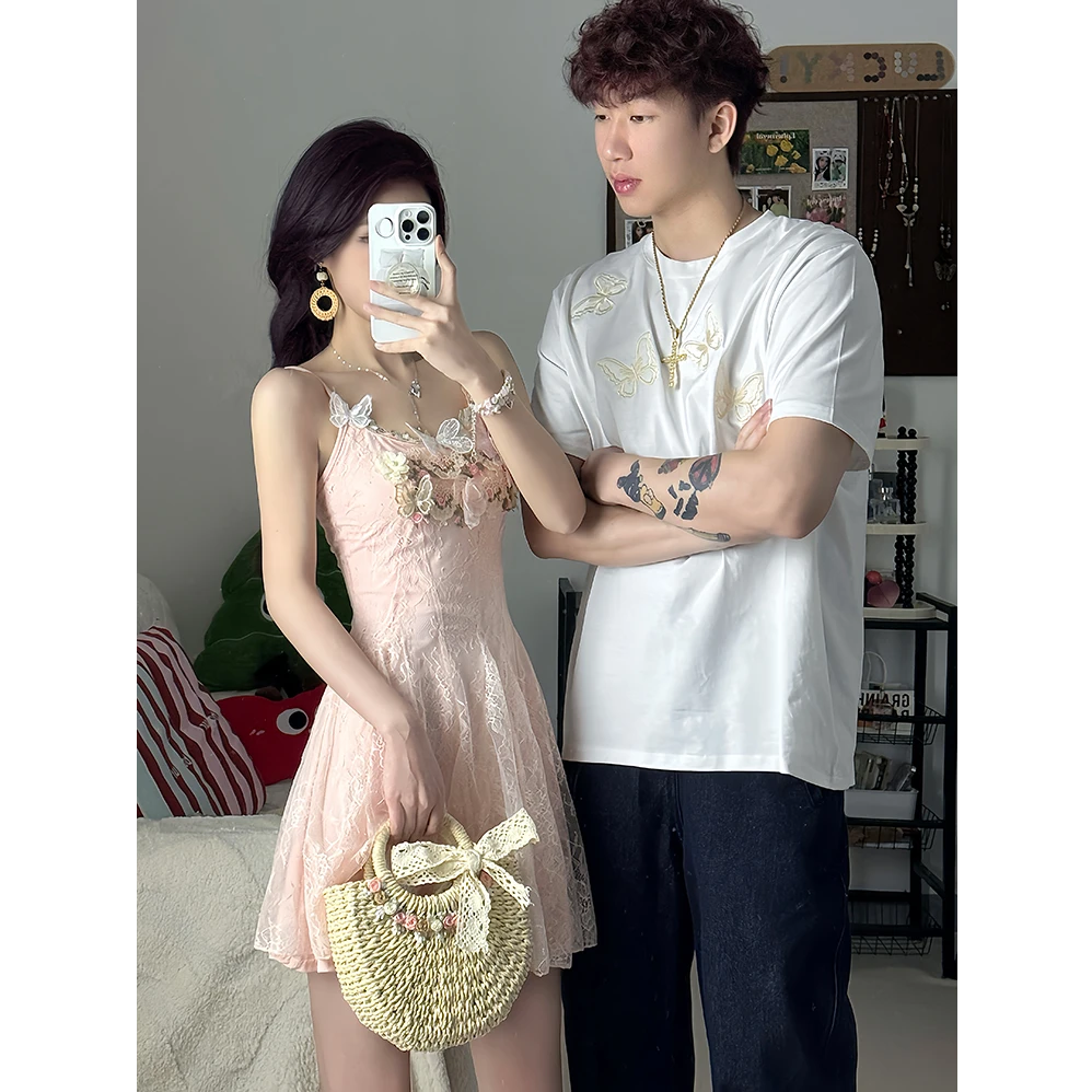 小众设计感情侣装夏季2025韩版短袖男T恤连衣裙法式一裙一衣ins潮