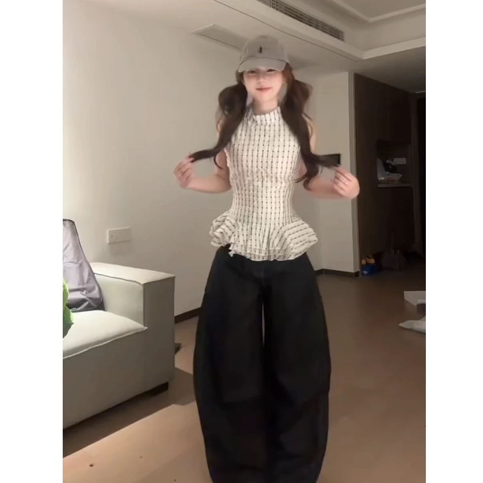 韩系气质女神2025夏季新款花边下摆收腰无袖上衣配阔腿休闲裤套装