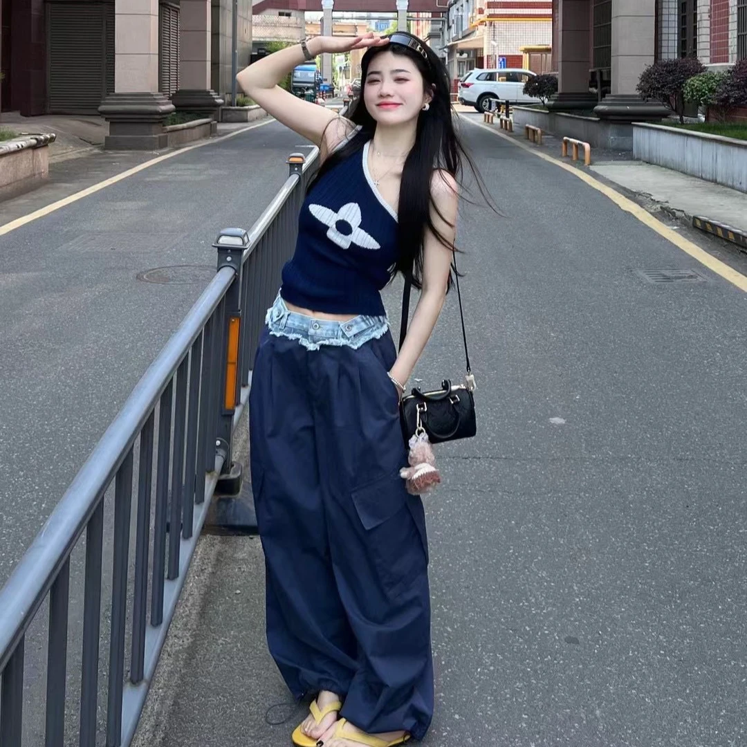 设计感斜肩背心上衣女夏季2025新款百搭高腰显瘦阔腿裤子时尚套装