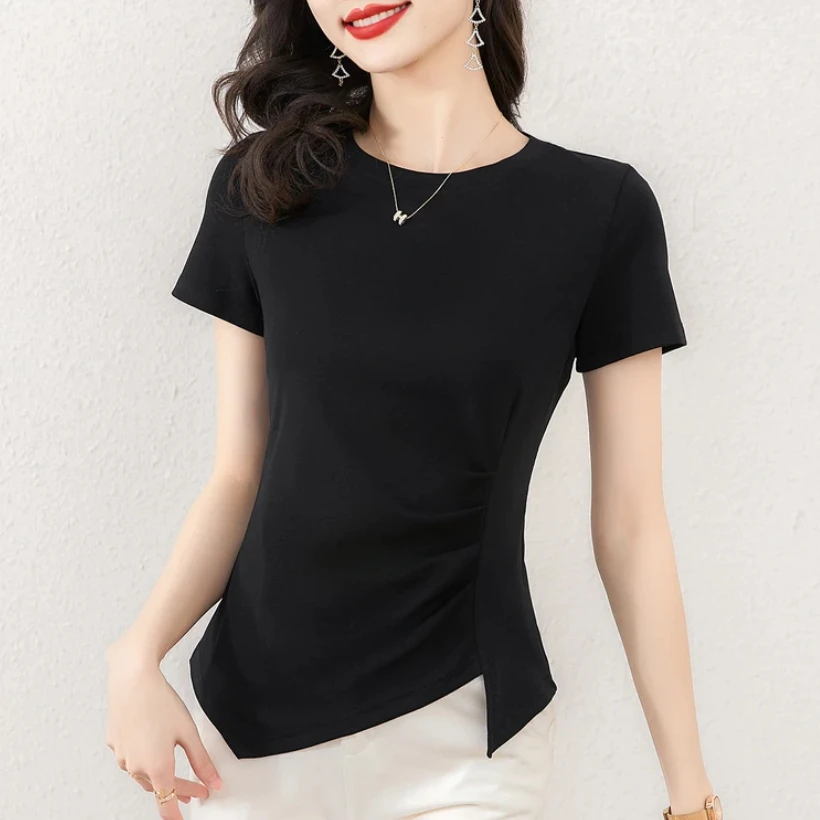 【清清】设计感捏折显瘦百搭气质圆领短袖不规则小众洋气夏季