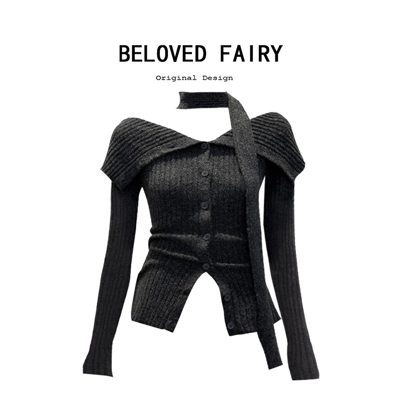 美式复古辣妹风一字肩针织开衫女秋季设计感小众修身显瘦露肩毛衣