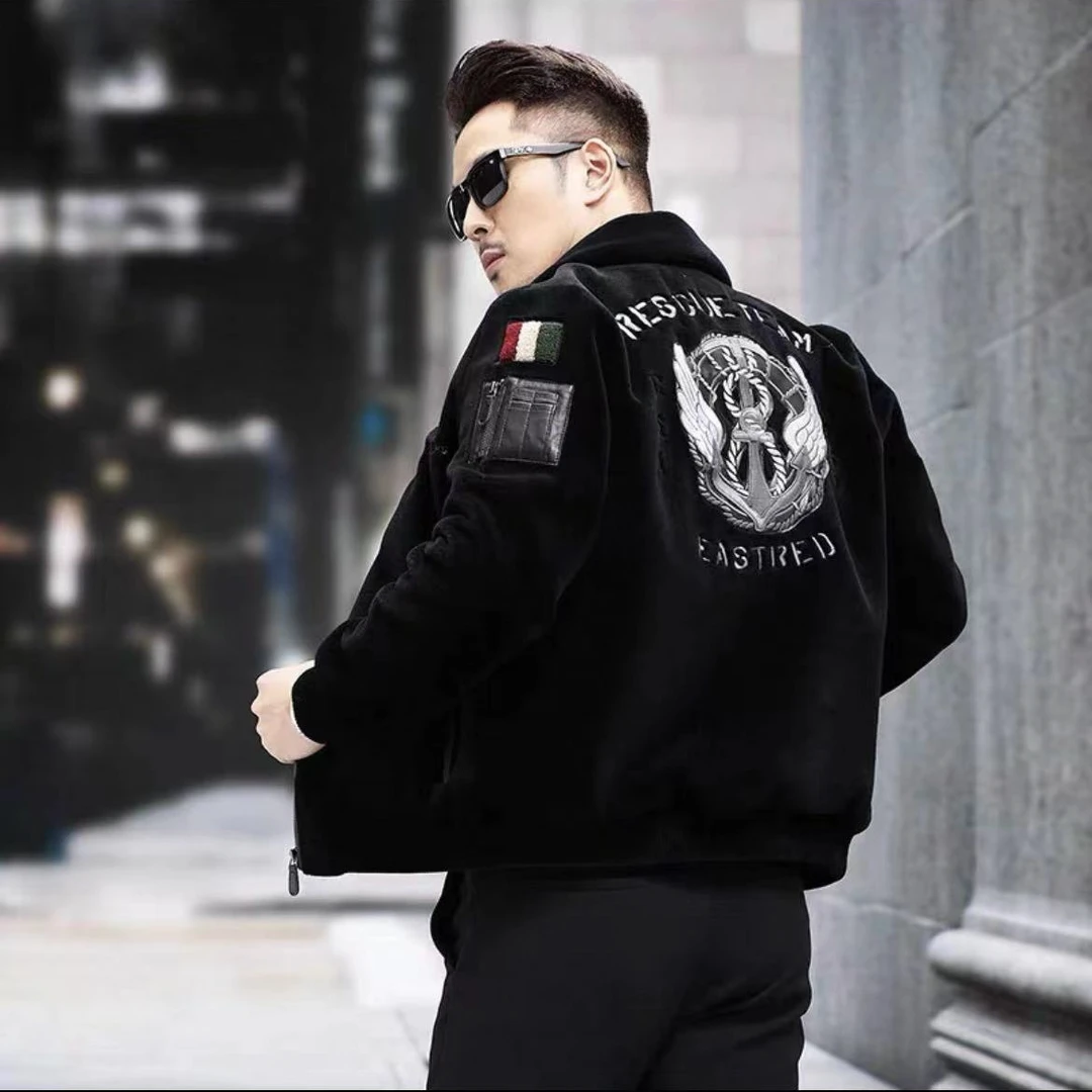 时尚精品男装新款羊剪绒外套100%羊毛海宁高端重工艺刺绣夹克保暖