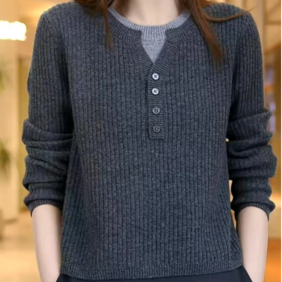 撞色假两件圆领针织衫女2025新款春秋季毛衣打底减龄显瘦长袖上衣