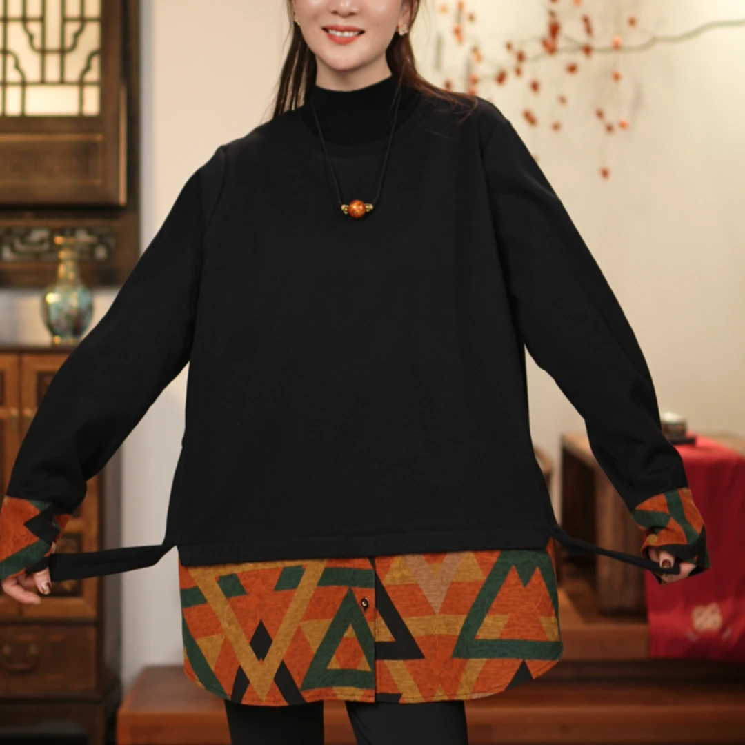 【玉洁定制】“彩色年华”时尚拼接印花百搭宽松套头上衣 LBW24130