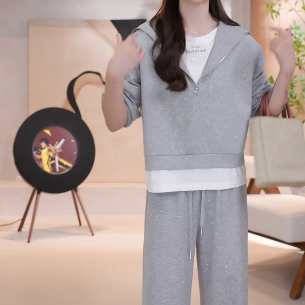 2025新款时尚设计感烫钻套装假两件长袖卫衣+休闲阔腿裤两件套