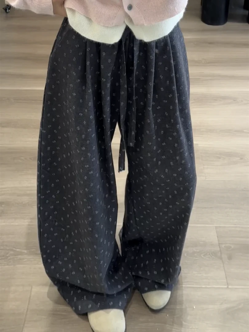 复古深灰色小碎花休闲阔腿裤女秋季新款慵懒风宽松显瘦高腰直筒裤