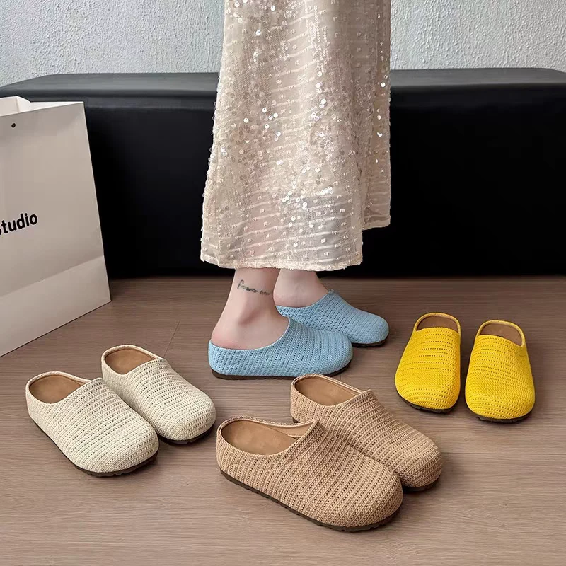2025新款春夏镂空透气编织半拖外穿女款休闲穆勒鞋厚底百搭包头