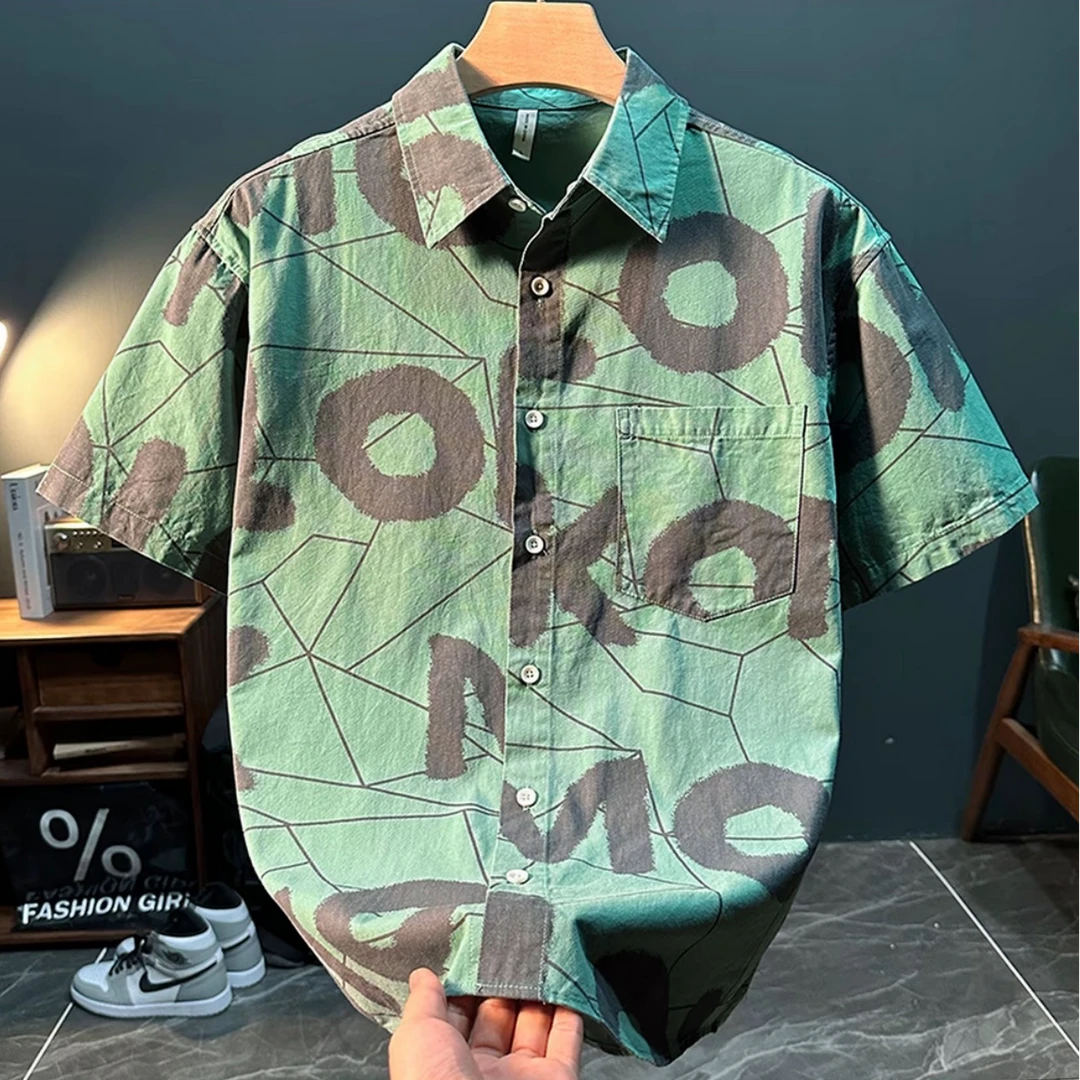 夏季新清纯棉印花翻领短袖衬衫男港风宽松休闲日系清新半袖衬衣男