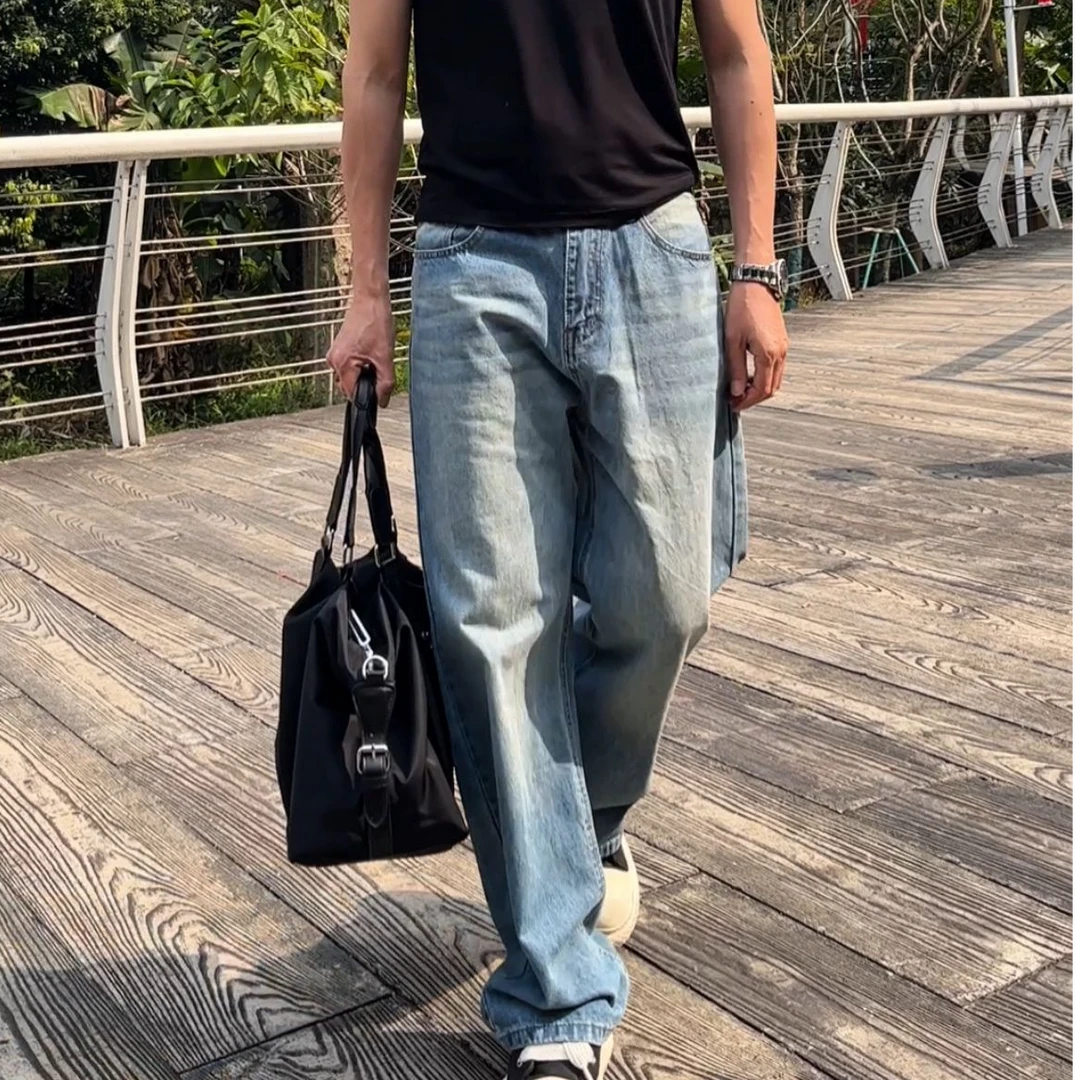 美式复古百搭男女同款牛仔裤春夏潮牌宽松直筒阔腿休闲长裤子