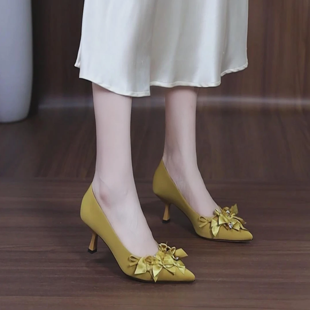 5cm法式仙女蝴蝶结尖头浅口配裙子小高跟2025秋新款细跟百搭单鞋