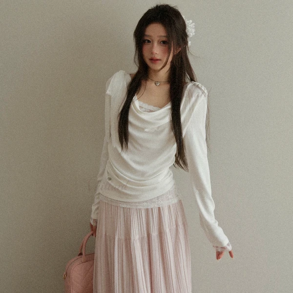 vuillard【拜托小姐Miss】小众蕾丝露肩设计慵懒风休闲长袖上衣