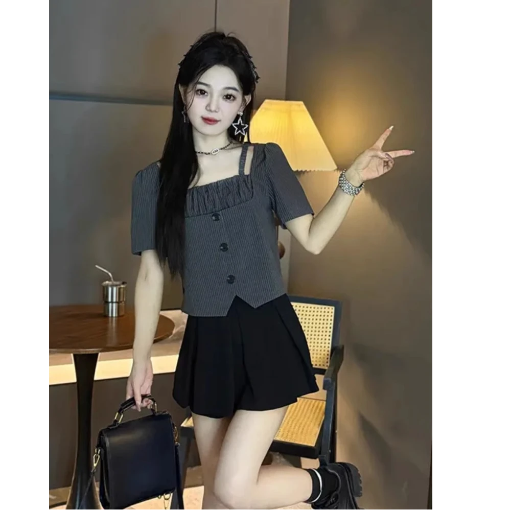 学院风时尚穿搭一整套女夏假两件方领条纹衬衫高腰半身裤裙两件套