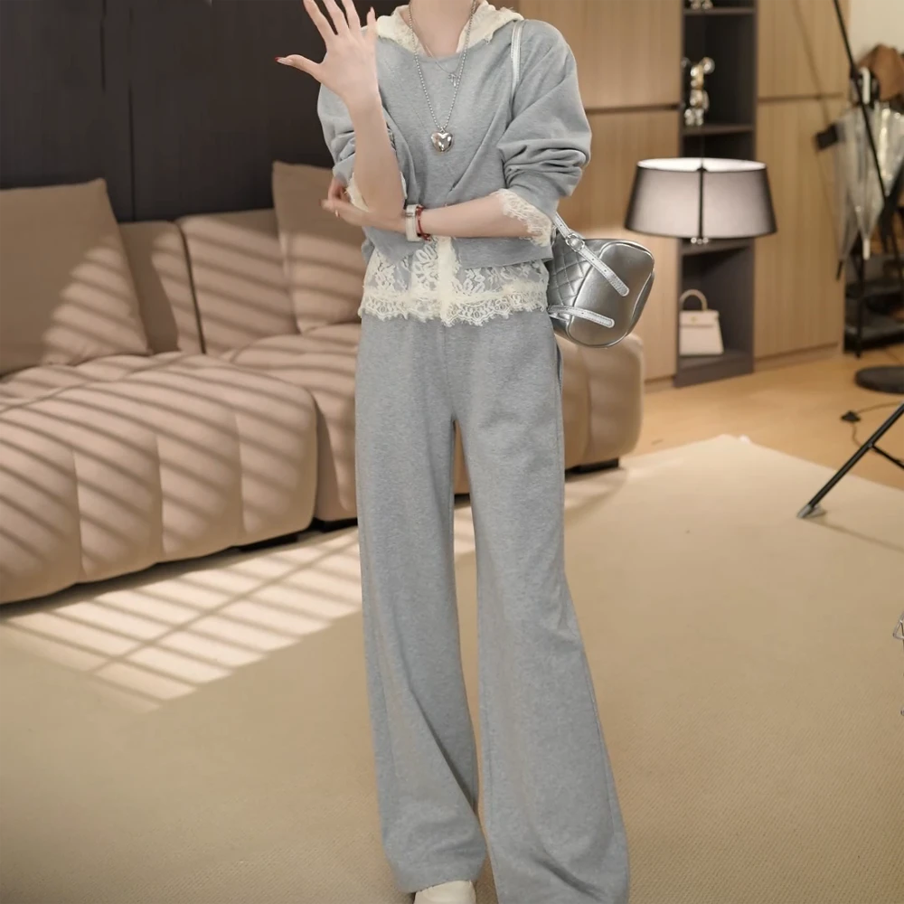 2025春季新款韩系慵懒通勤蕾丝连帽后背开叉减龄套装裙子三件套