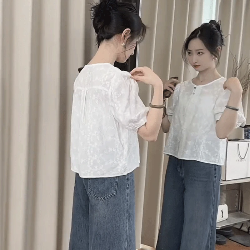 【小沫家】刺绣圆领短袖衬衫女夏季新款小个子休闲显瘦洋气减龄上衣