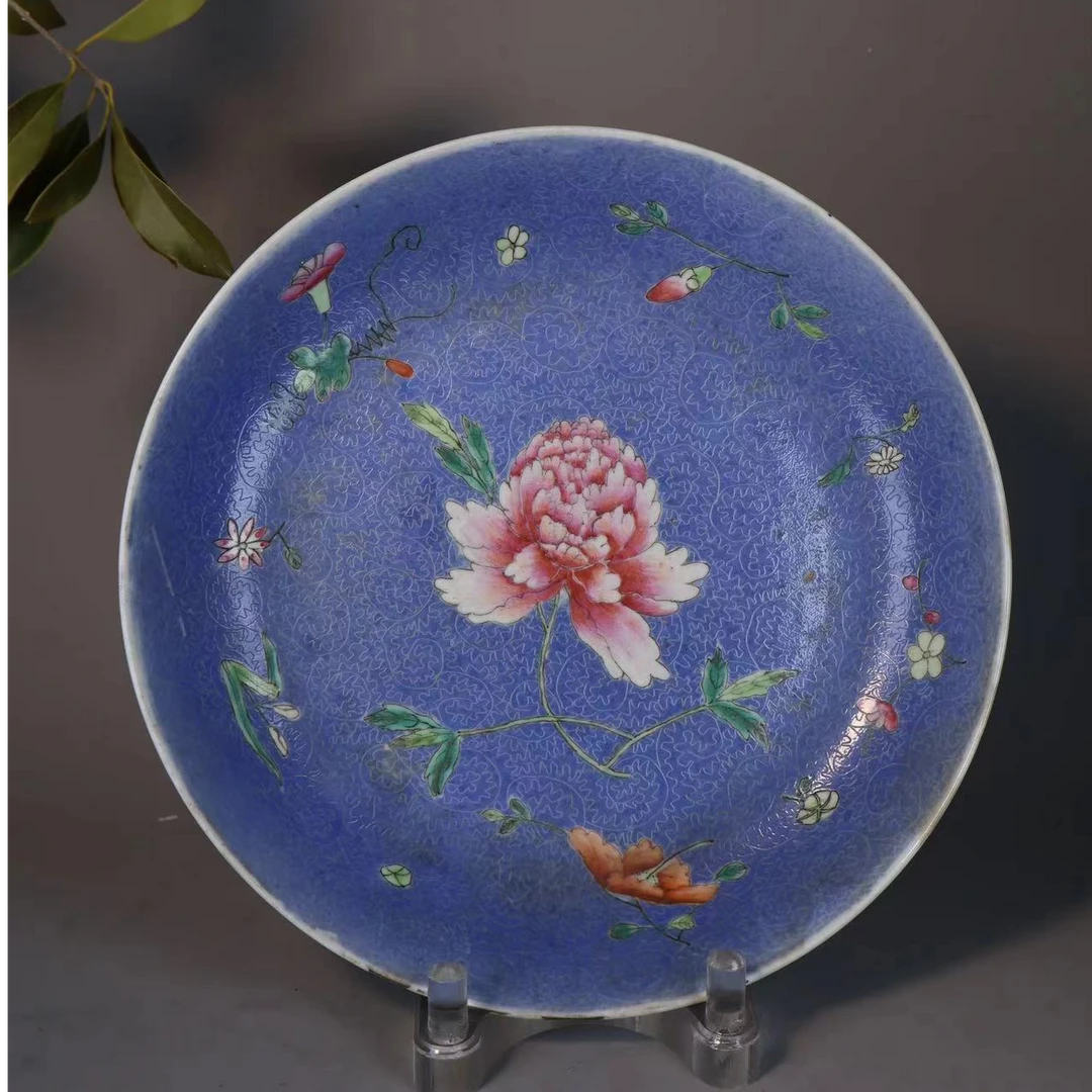 50:民国蓝料彩轧道牡丹花卉纹盘