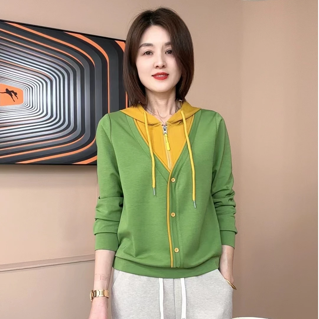2025春季新款假两件连帽卫衣百搭休闲气质女士上衣2611-04