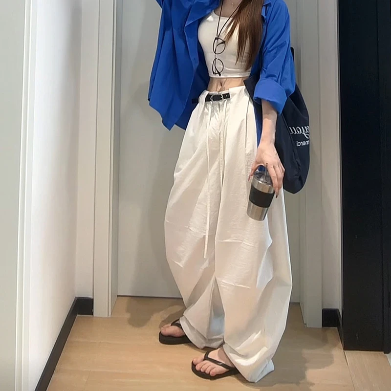 夏季新款美式女抽绳松弛感宽松阔腿弯刀工装裤