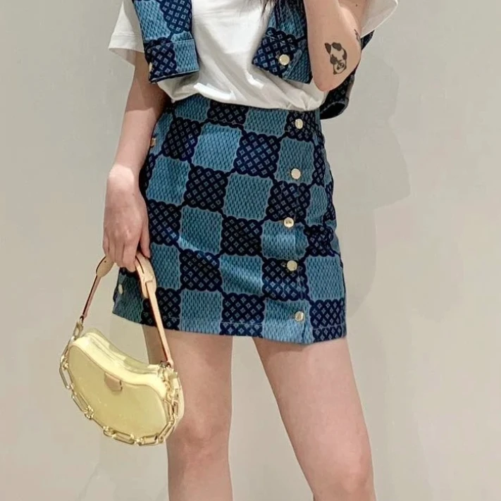 未使用 LouisVuitton/路易威登 满印格纹半身裙 蓝色/34