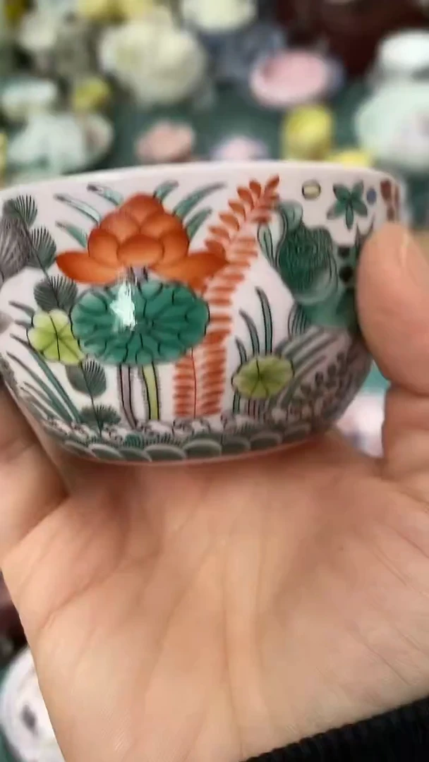 摆件陶红稀土彩绘鱼藻纹握竹杯