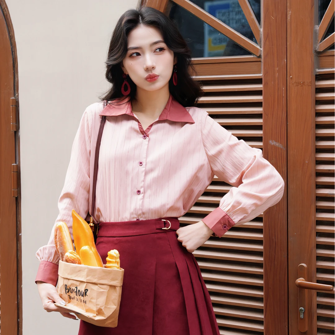 丁佳欣【月伴夕阳】港风复古条纹长袖衬衫女宽松显瘦上衣JK0725205