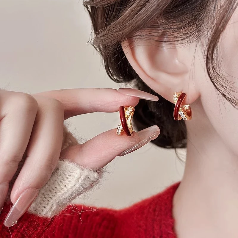 铜合金耳饰 轻奢高级感交叉红色耳环女2025新款简约超闪新年耳饰
