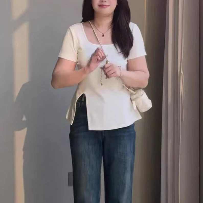 婷婷家侧开叉修身方领短袖t恤女2025新款夏季法式收腰显瘦上衣