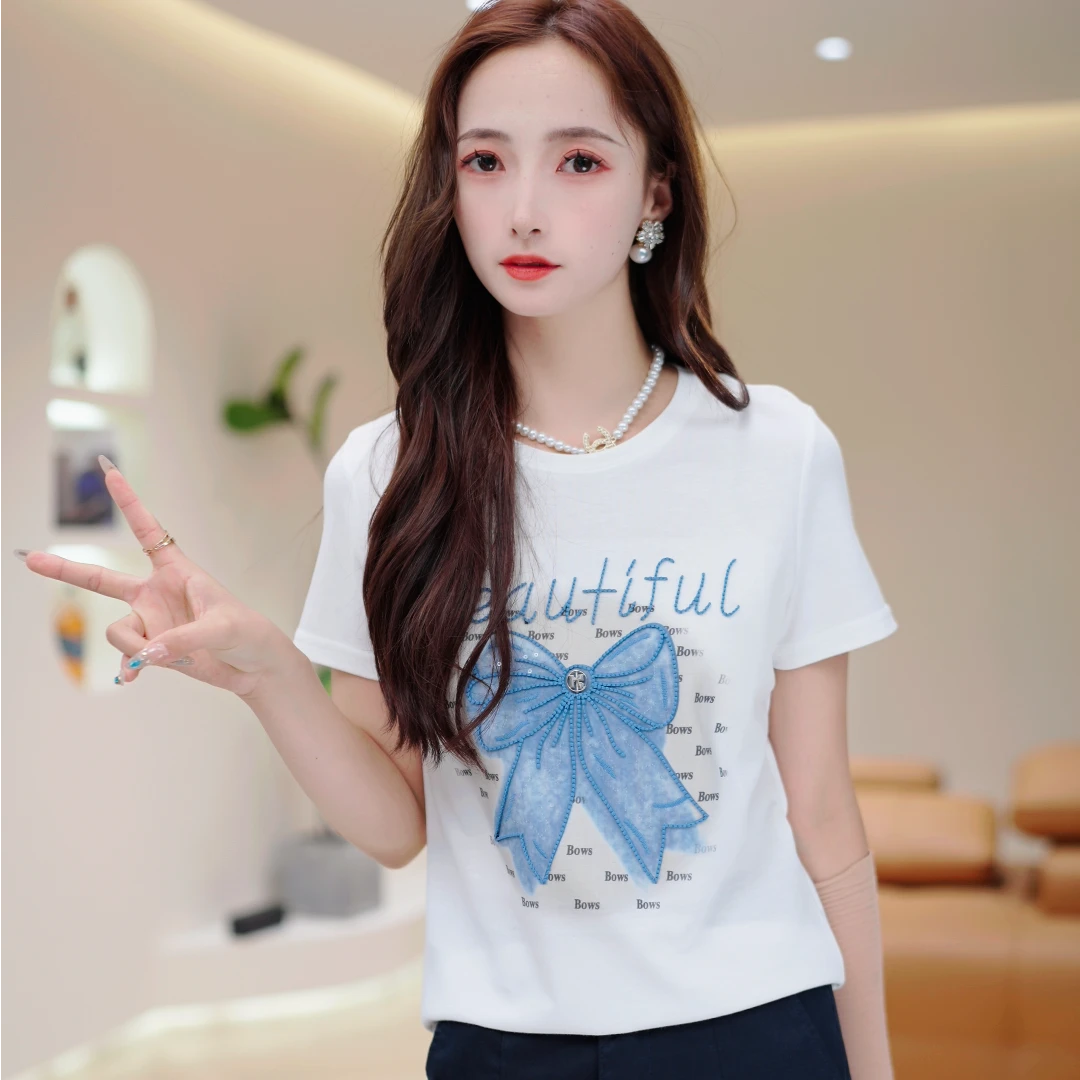 夏季蝴蝶结2025新款品质洋气重工艺圆领宽松百搭短袖T恤上衣2592